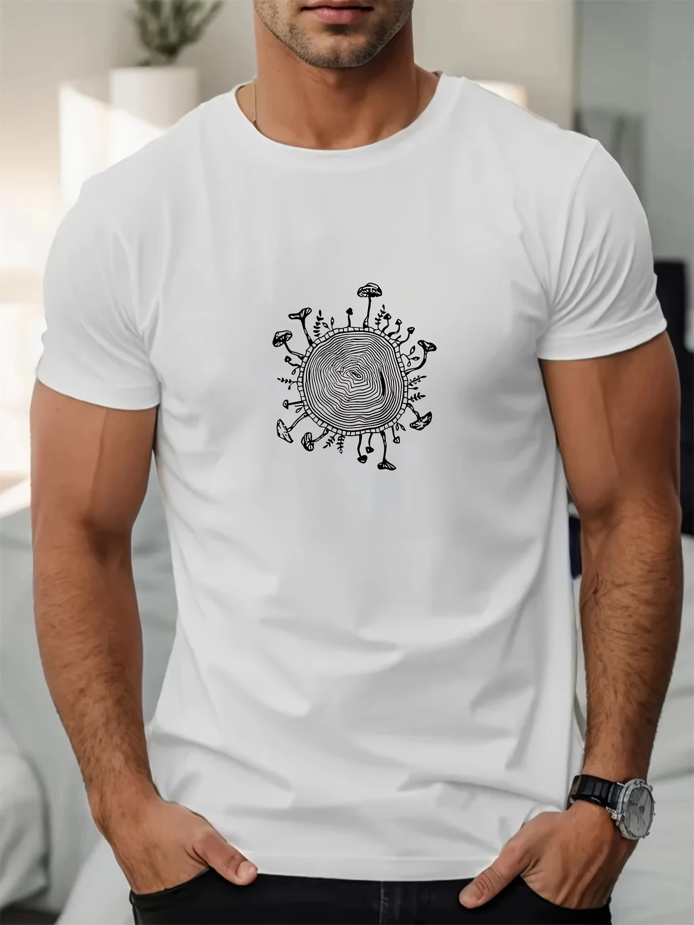 Men's Summer Casual T-Shirt with Mushroom Print - Breathable Polyester Round Neck Short Sleeve Oversized T Shirt