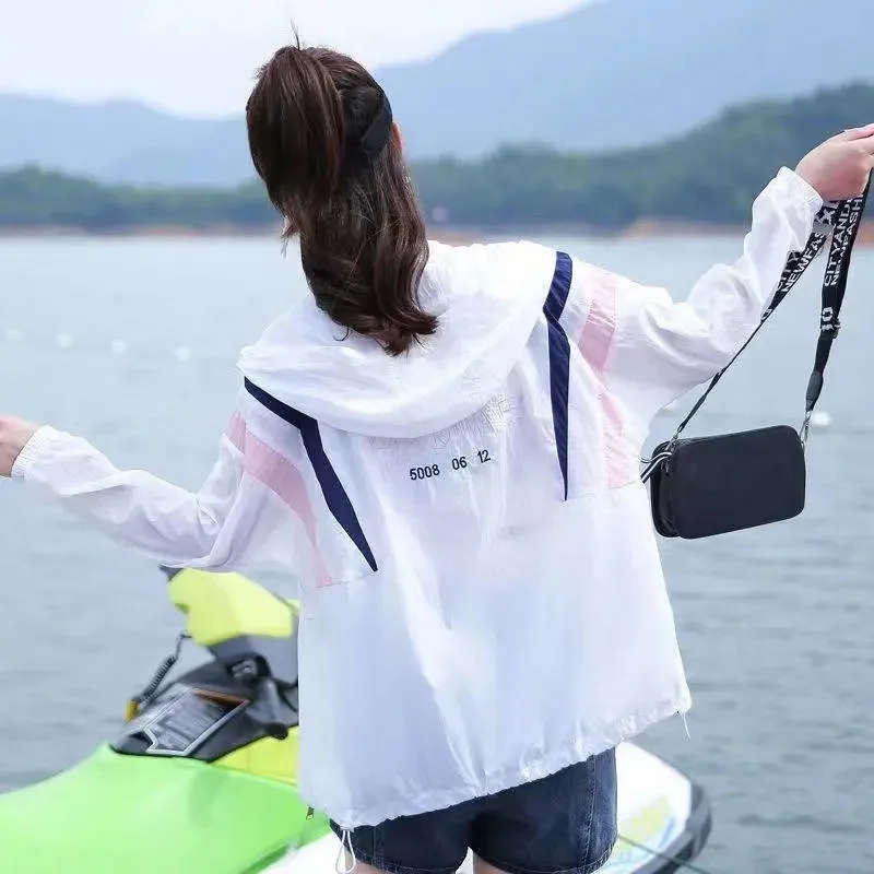 2025 Sunscreen Jacket Women's Summer Thin Top Hooded Coat Patchwork Colour Streetwear Outerwear Loose Letter Embroidery  Jackets