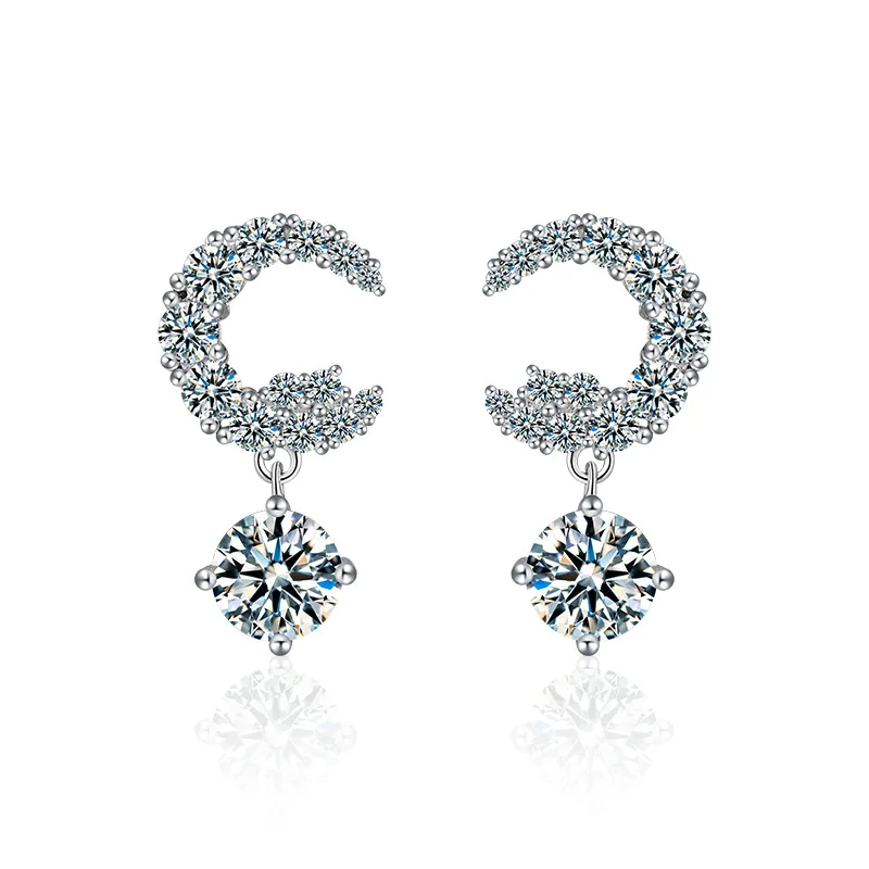 Korean-style S925 sterling silver moissanite crescent moon earrings, light luxury niche fully inlaid earrings, factory wholesale