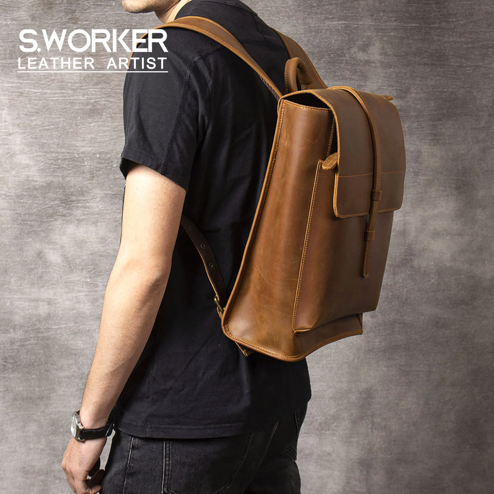 S.WORKER Vintage Echtleder 14" Laptop-Rucksack Herren Casual Preppy Schultasche Crazy Horse Rindsleder Tasche – Detail 2