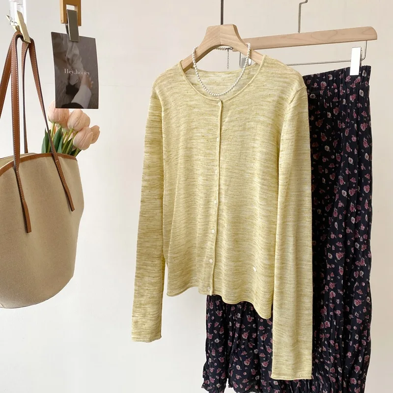 

Dave&di Round Neck Long Sleeved Knitted Sweater Solid Color Linen Thin Cut Sunscreen Cardigan