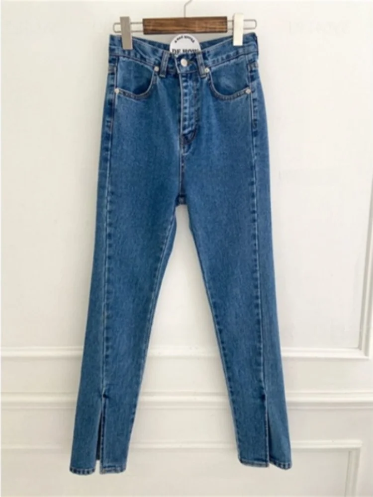 Afslankende denim jeans met hoge taille en split aan de voorkant Trendy vintage gevoel dames Faion lente herfst l taille jeans