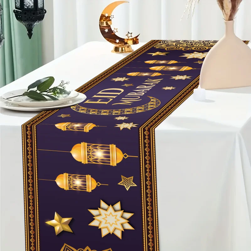 VIKAMA Purple Gold Hot Stamping Eid Mubarak Eid al Fitr Table Runner Muslim Festival Table Decoration Cloth