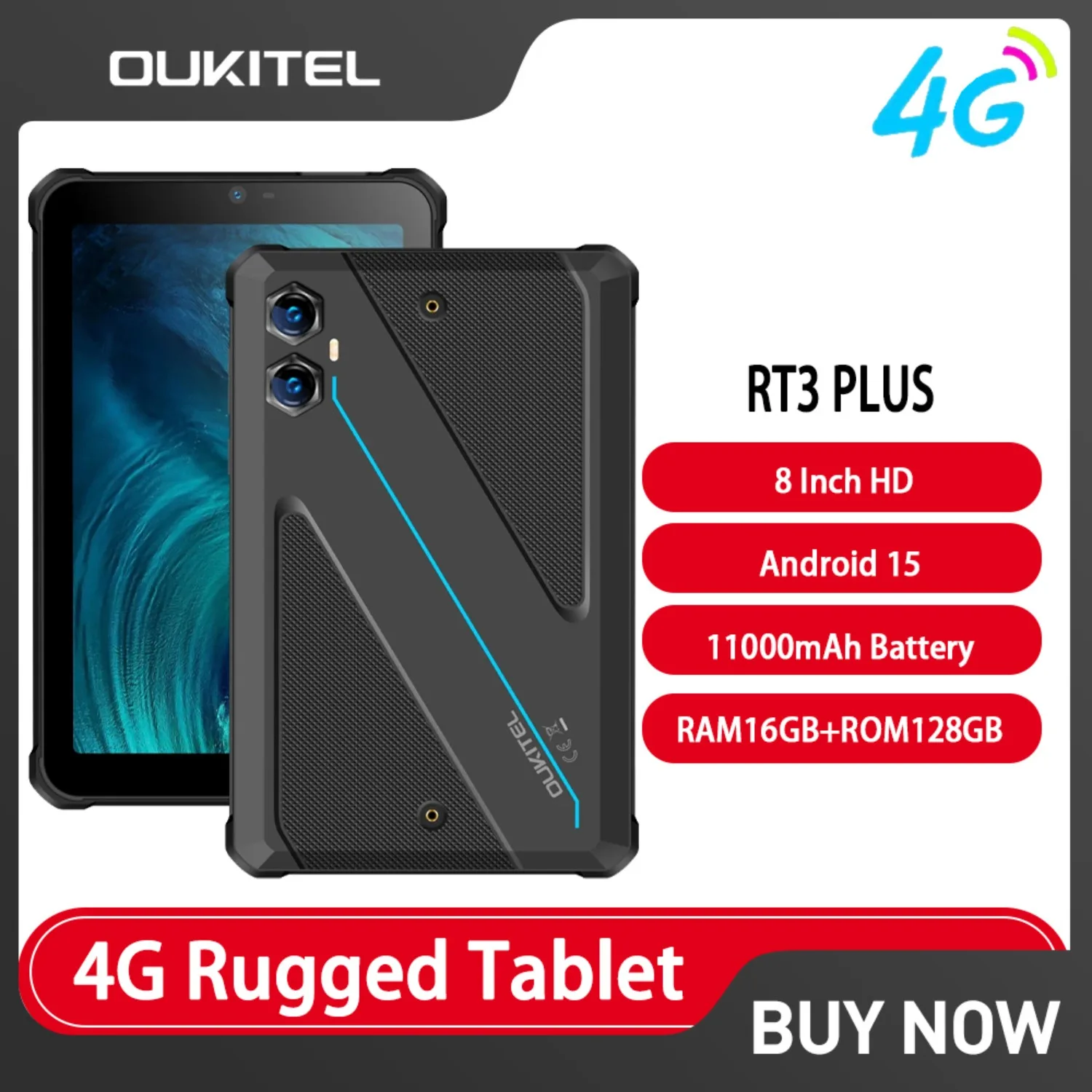 Latest Model Oukitel RT3 PLUS 4G Rugged Tablet 8 Inch HD 16GB+128GB Smart Pad 11000mAh 16MP IP68&IP69K Tablet PC Android 15 NFC