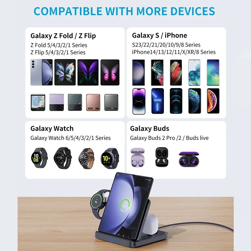 حامل شاحن لاسلكي قابل للطي لساعة سامسونج جالاكسي ، محطة شحن سريعة ، Z Fold 5 ، 4 Flip ، S23 ، S21 ، 3 في 1 ، Buds2