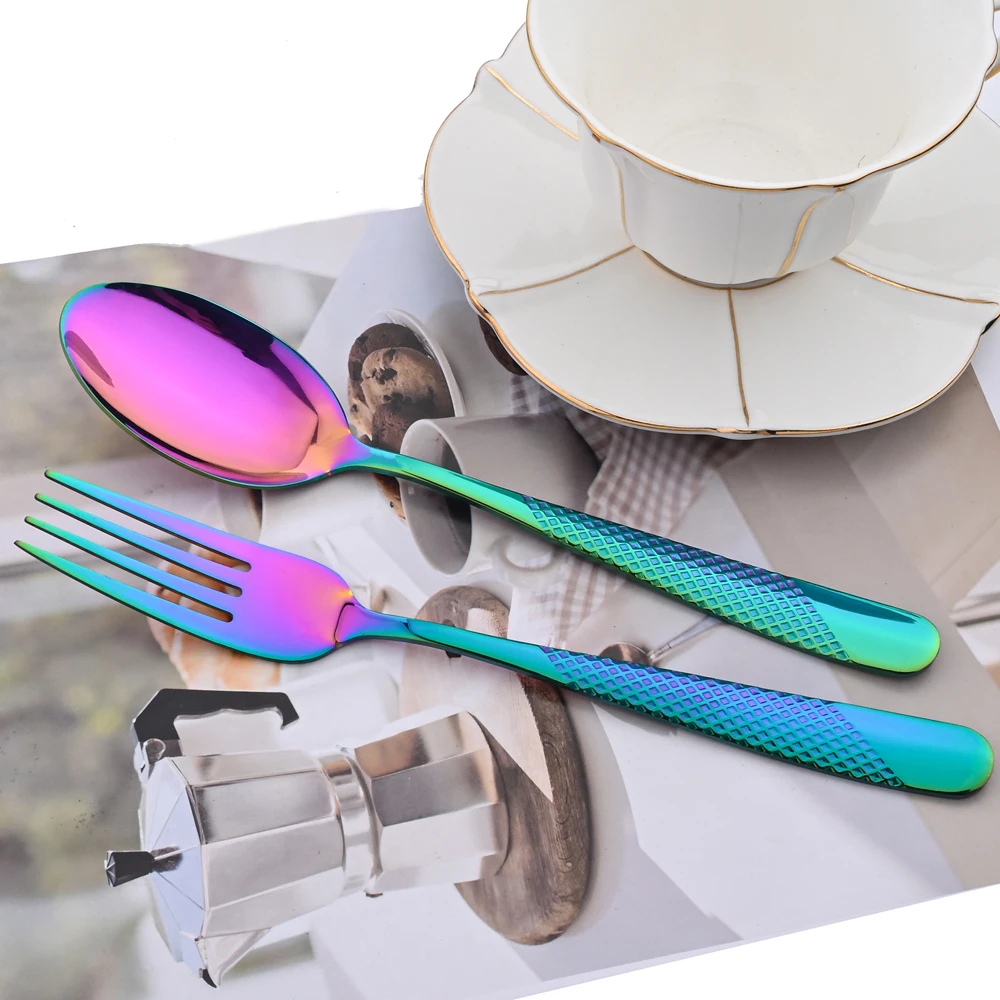 AJOYOUS 24Pcs Rainbow Dinnerware Set Stainless Steel Fork Knife Spoon Flatware Tableware Kitchen Silverware Bright Cutlery Set