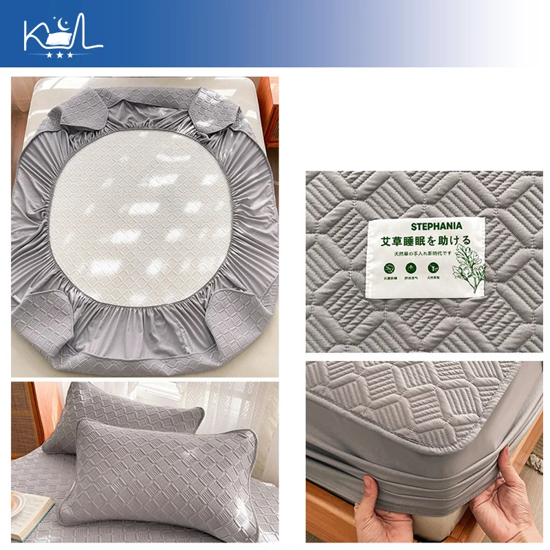 Quilted Soybean & Mugwort Fitted Sheet, 360° All-Round Elastic Mattress Protector, Dustproof Brushed Bed Cover