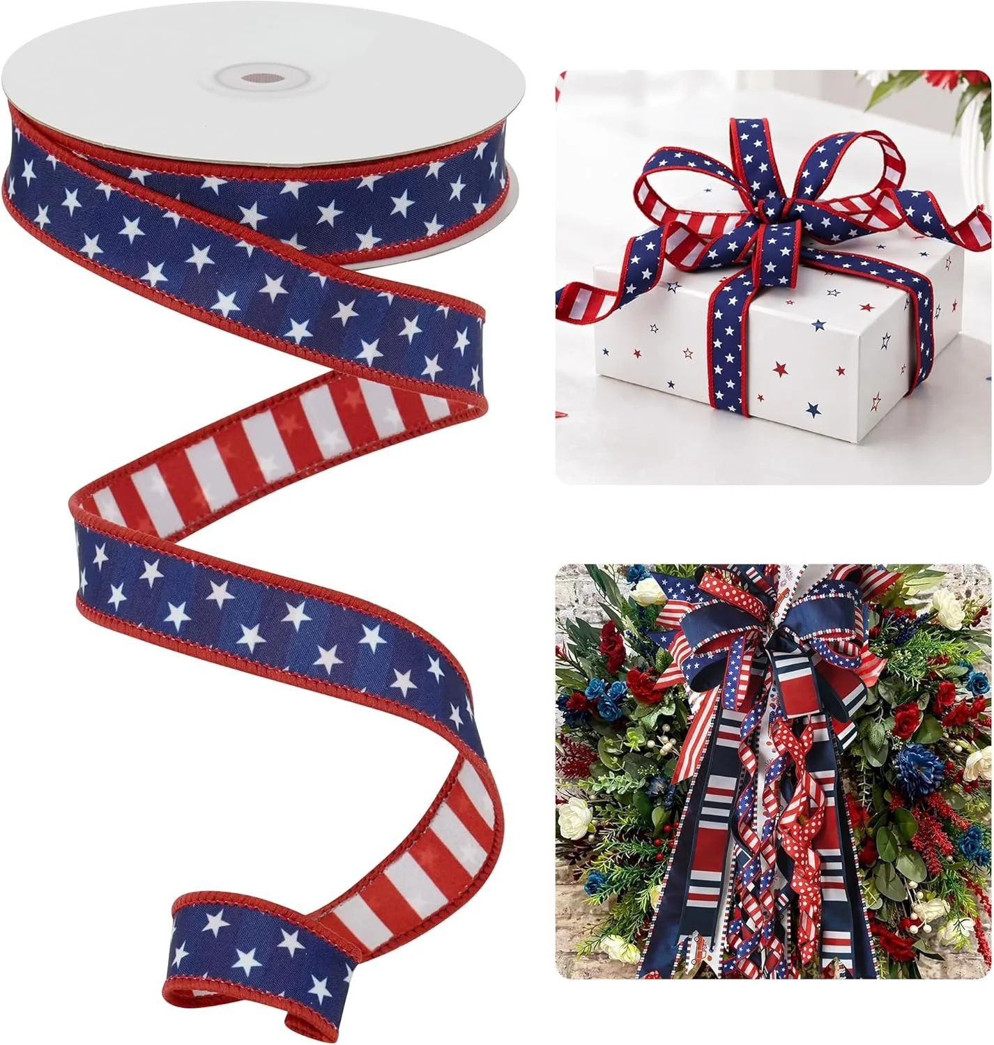 Stars and Stripes Reversible Dupioni Wired Ribbon 1 inch Patriotic Wire Edge Ribbon for 4th of July Memorial Day Home Decor Bows