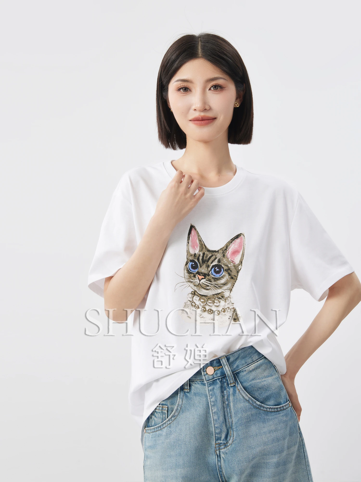 

Cat Print High Quality Design 2024 Shirts for Women 100% Cotton Women T Shirt Medium Strecth Blusas Mujer De Moda