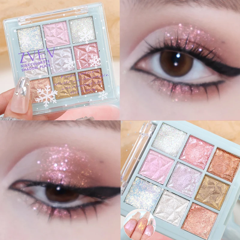 Paleta de Sombra Snowflake, Impermeável, Brilhante, Brilho, Perolado, Duradouro, Cromo, Maquiagem dos Olhos, Cosméticos, Azul, Rosa, 9 cores