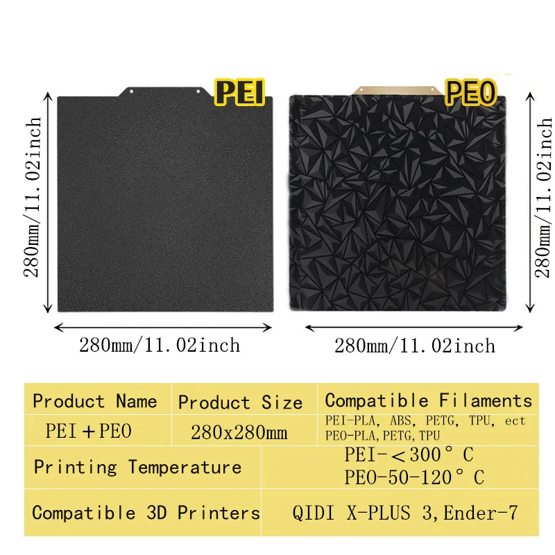 Foglio PEI nero strutturato a doppio lato energetico 280x280mm per QIDI X-PLUS 3 piastra di costruzione flessibile in acciaio per molle PEI PEO per Ender-7