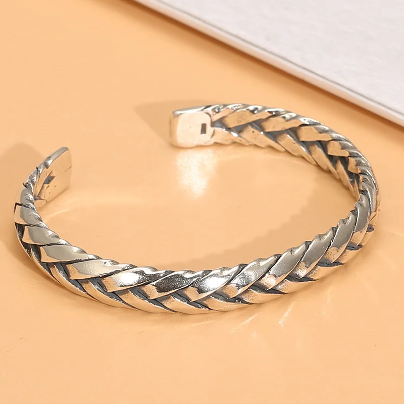 S925 thai silver retrocasualstylishhandmade cable stitch woven open bracelet men's and women's fashion jewelry