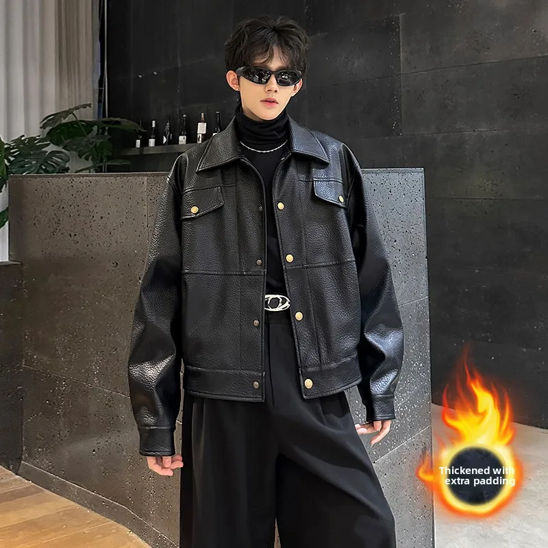 

Winter Thiened American Sle Cleanfit Motorcycle Jaet Men's Faionable ort Biker Leather Coat Lychee Texture PU Leather