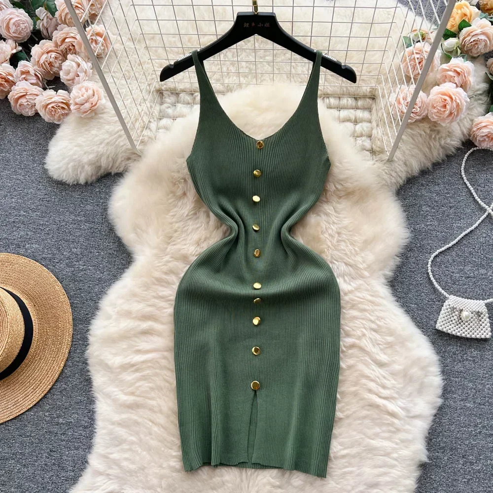 

Summer New Sexy Short Knit Strap Dress Women Tank Elatic Waist Bodycon Sundress Female Beach Split Backless Dresses