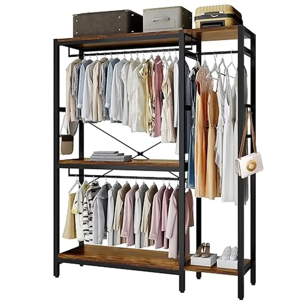 

Heavy Duty Garment Rack with Shelves Side Hooks and Wooden Closet Sturdy Metal Clothes Rack Coats Freestanding Clothes Organizer