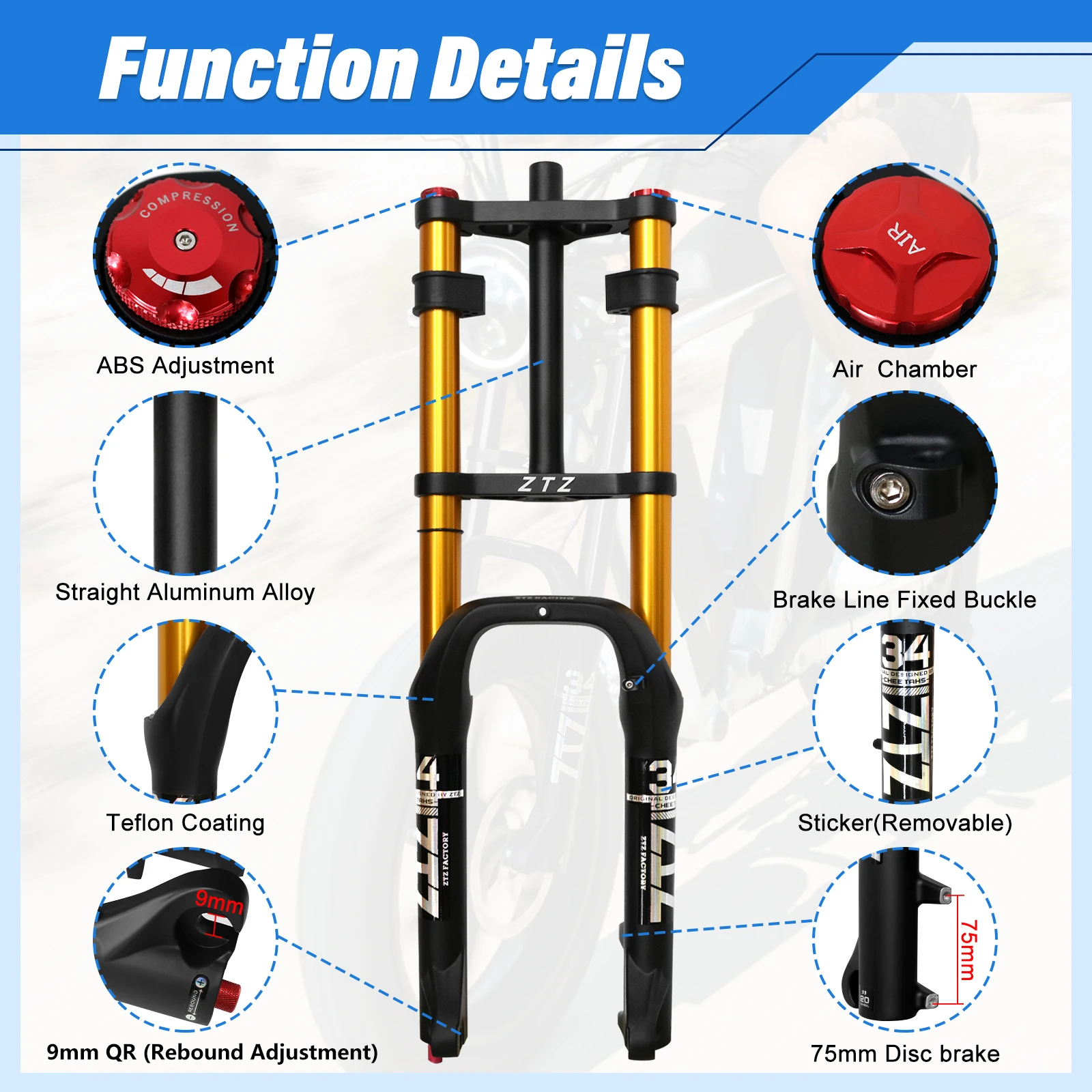 

ZTZ 20/26 inch 4.0 Fat Tire Bike Air Suspension Fork - 180mm Travel, 135mm Hub Spacing, QR 9mm, Double Crown Shock Absorber Fork