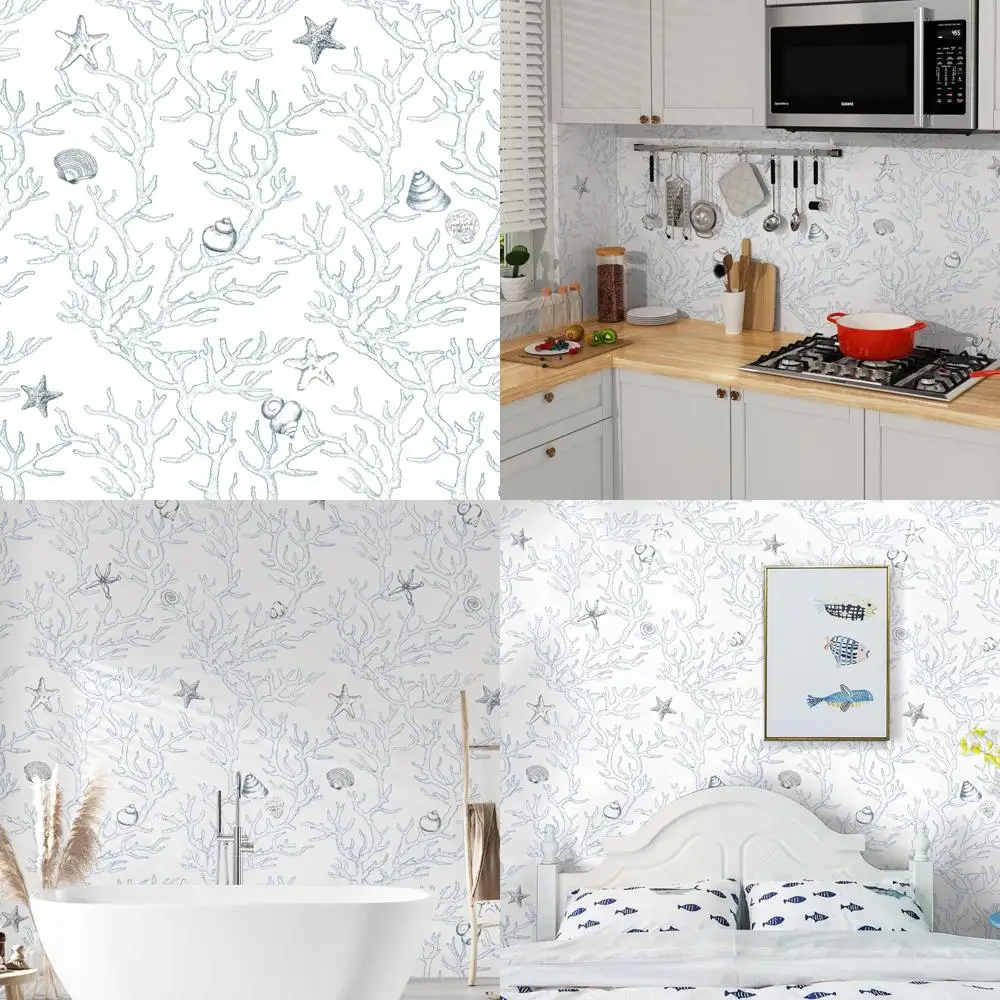 ورق اتصال كورال صدف نجم البحر، قشر وعصا، أبيض وأزرق فاتح، ورق جدران ساحلي، 17.3 × 1181 بوصة، لاصق ذاتي
