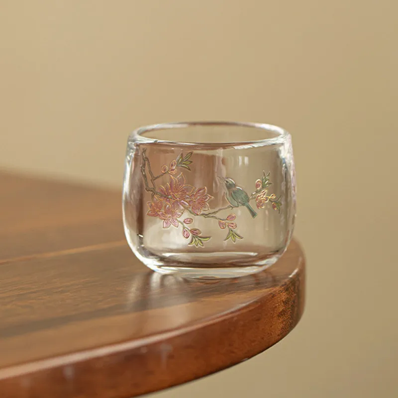 

1 Pc Chinese Glass Tea Cup Flower and Bird Pattern Tea Bowl Household Master Teacup Travel Personal Meditation Cup Teaware 80ml
