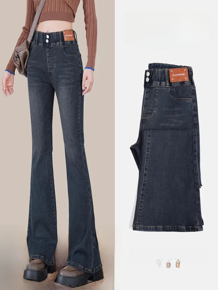 

Джинсы-колокольчики с высокой талией, женские осенние джинсовые брюки с эластичной резинкой на талии, большие размеры, весенне-зимние длинные брюки, джинсы