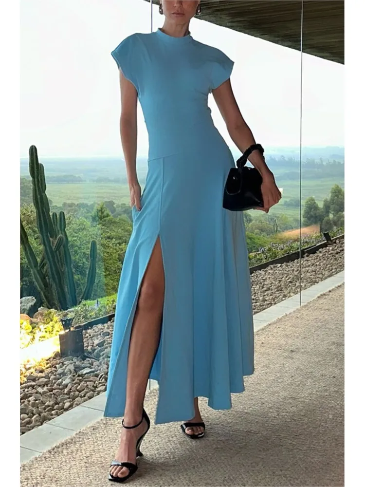 

Women Summer New Arrival Elegant Blue O-Neck High Waist Slim Slit Robes Dress Leisure Fashion Short Sleeve Dress Lady Party Gown