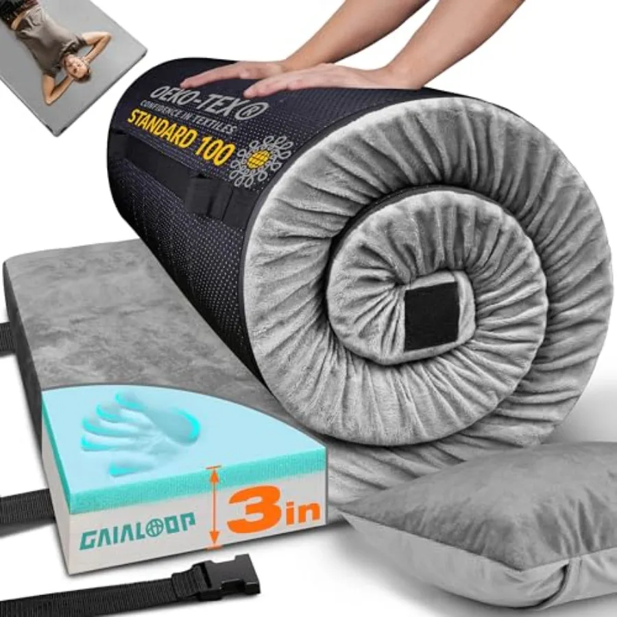 

3 Inch Memory Foam Camping Mattress Dual Layer Thick Sleeping Camp Pad for Car Tent Cot Roll-Up Portable Glamping Floor Bed for