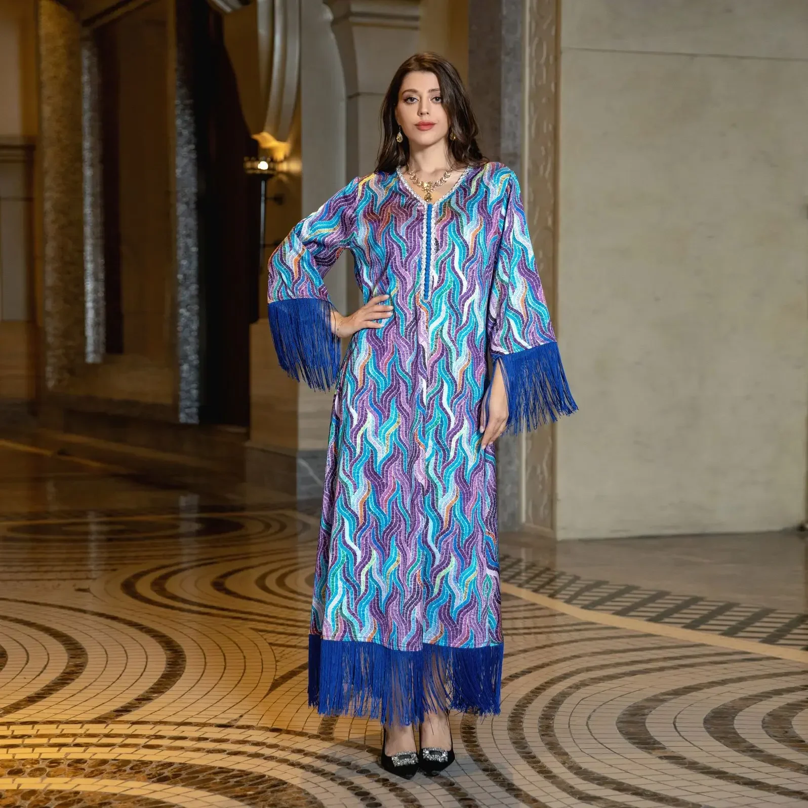 

Elegant Casual Muslim Dress Woman Long Sleeve Loose Long Dress Woman Temperament Printed Dresses Arabia Print Casual Jalabiya