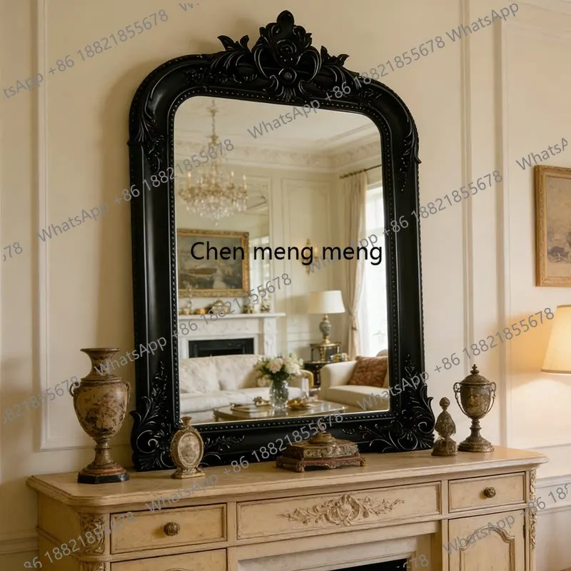 

French retro wood carving fireplace decorative mirror European dresser rounded corner makeup mirror