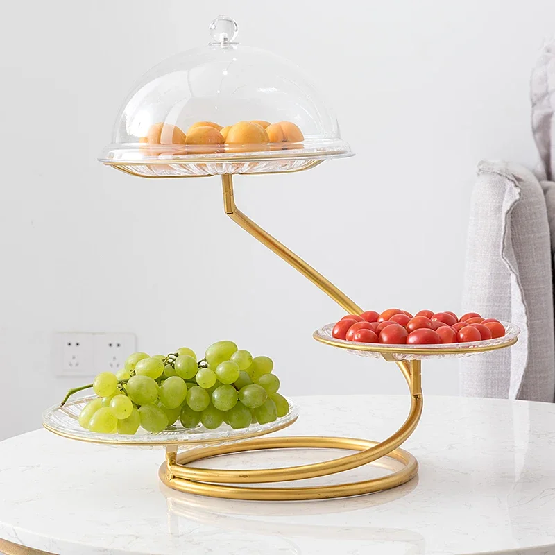 Gold Metal 3-Layer Lead-free Transparent Food Round Cake Tools Fruit Stand with Preservation Acrylic Cover