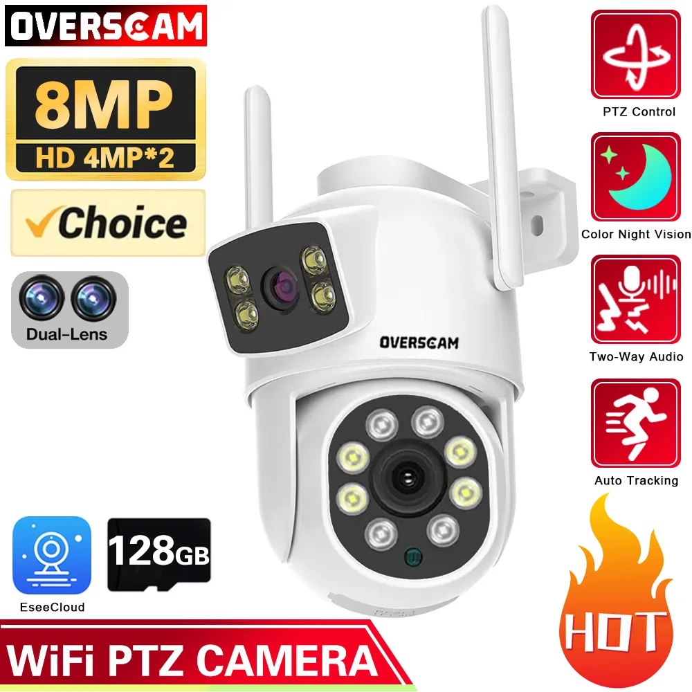 4K 8MP Wifi Camera PTZ Outdoor Dual Lens Dual Screens Human Auto Tracking Security Protection Camera Two-Way Audio EseeCloud App