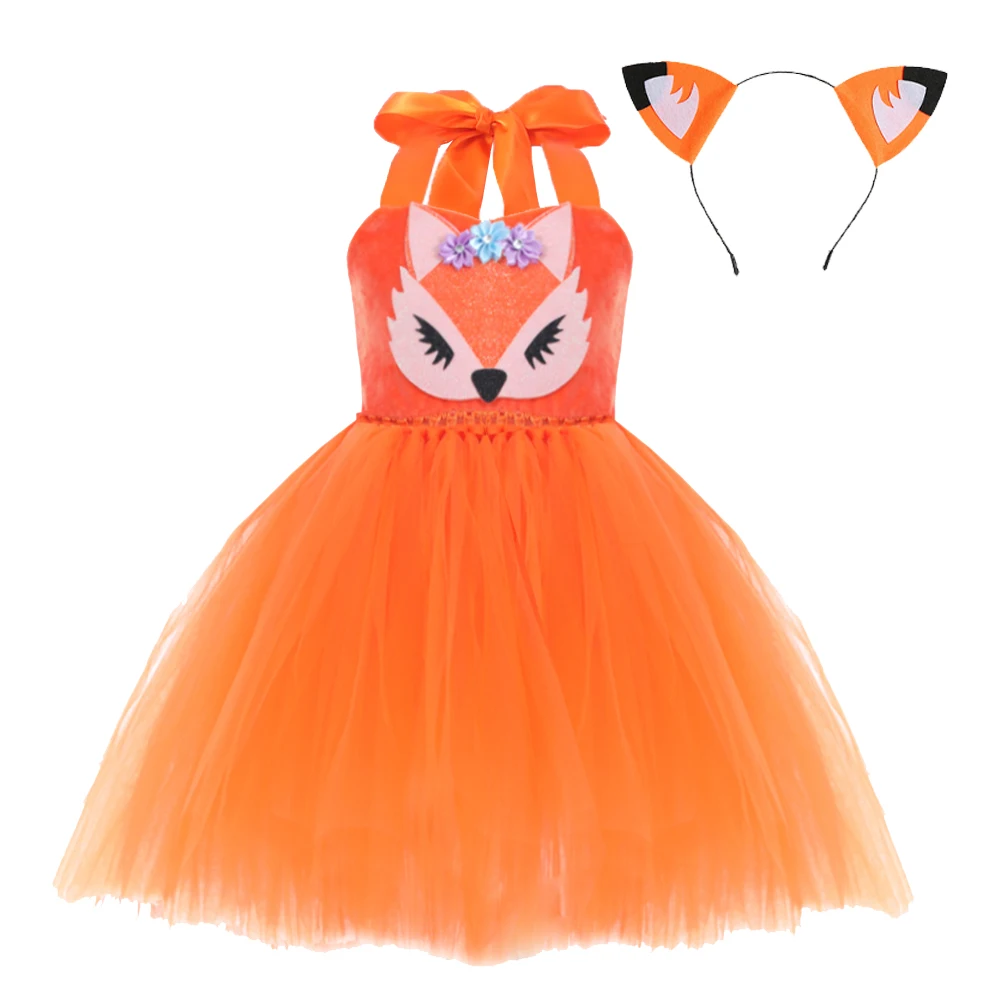 Kids Children Fox Dress Up Tutu Dress Costume Mask Stage Performance Headwear Tail Girls Clothes Halloween Carnival Party Suit