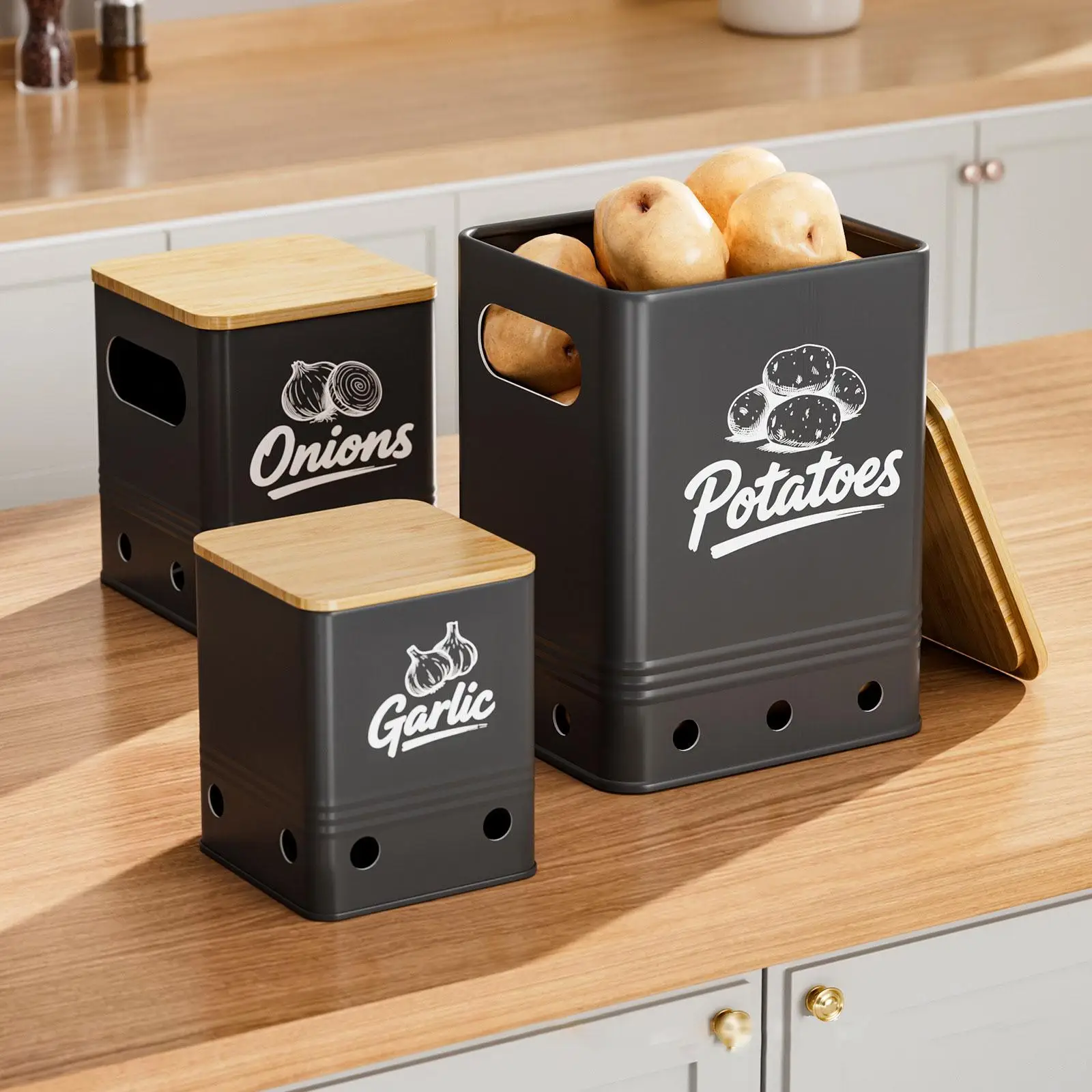Multifunction Vegetable Fresh Keeper Storage Containers Set with Ventilation for Garlic Potato Onion Kitchen Pantry