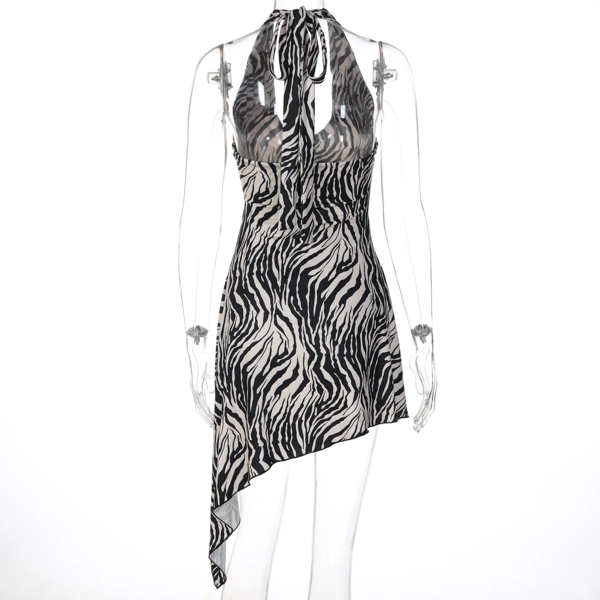 Dulzura Women'S Sexy Backless Lace Up Irregular Zebra Stripes Mini Dress Fashion Elegant Halter Dress Party Club Summer Clothes