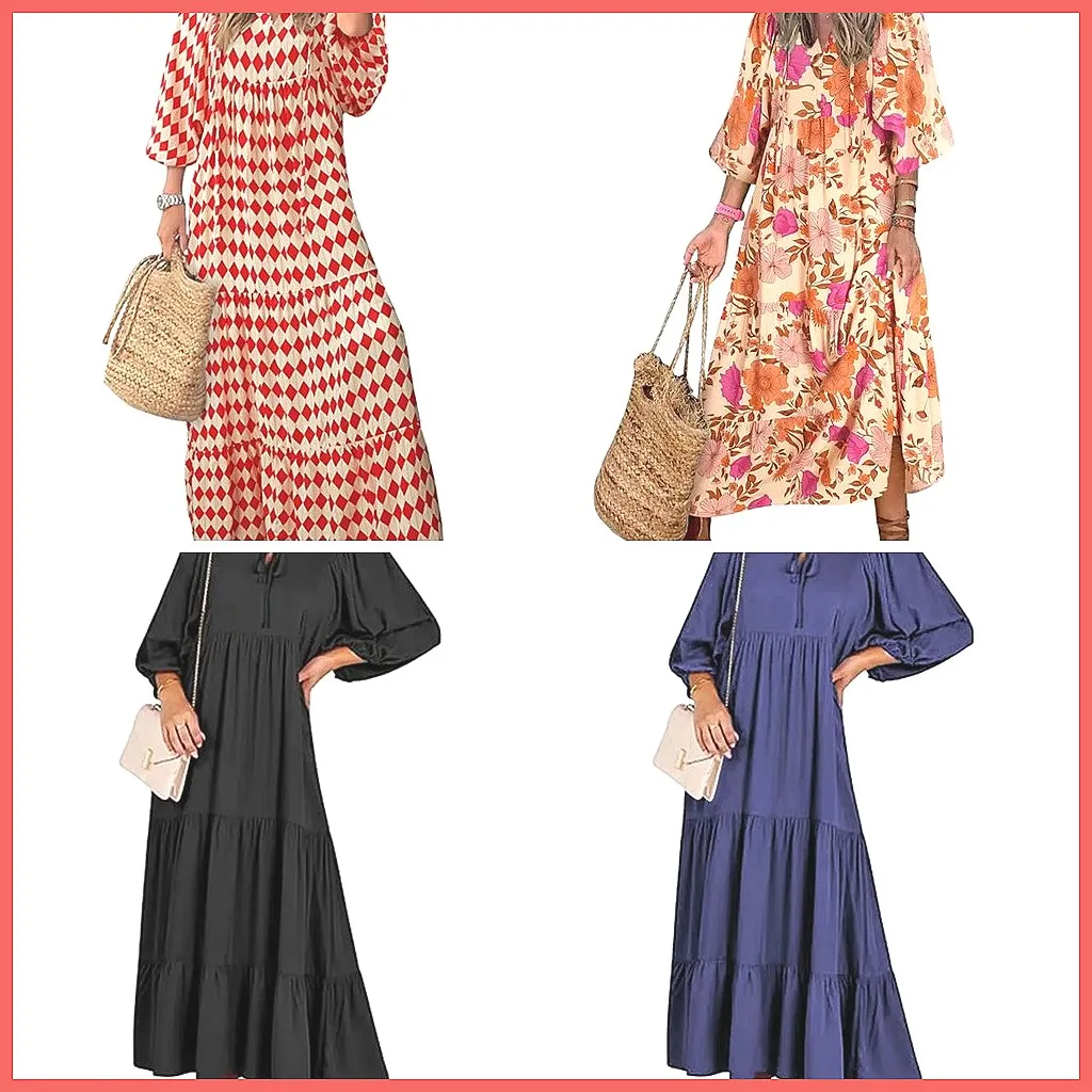 

Women's 2024 Geometric Print Dress with V-Neck, Puff Sleeves & Lace-Up Detail