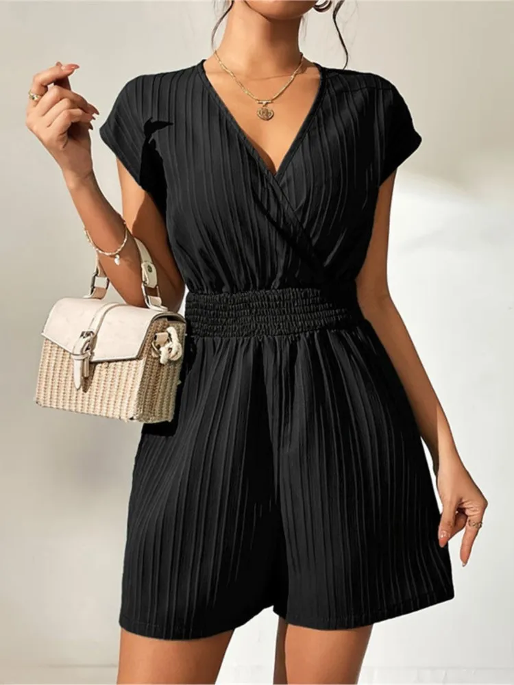 2025 Summer New Women V Neck Rompers Short Casual Elegant Fashion Black Playsuits Holiday Casual Overalls Female