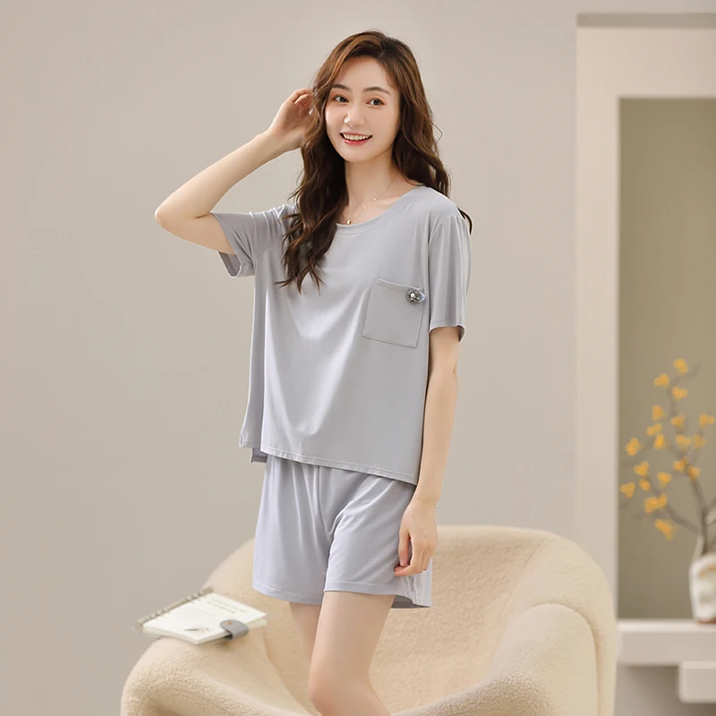 New Summer Modal Pajamas Set With Chest Pad Ladies Sleepwear Short Sleeve Female Leisure Homewear