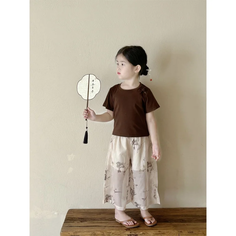 Children's New Chinese Style Suit2024Summer New Children's Clothing Children National Style Short SleeveTT-shirt3Mesh Cropped Pa