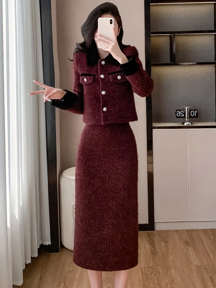 Thickend 2-Piece Set Women Office Clothes Fall/Winter Elegant Red Quilted Short Coat Top High Waist Long Skirt Slim Suit Female