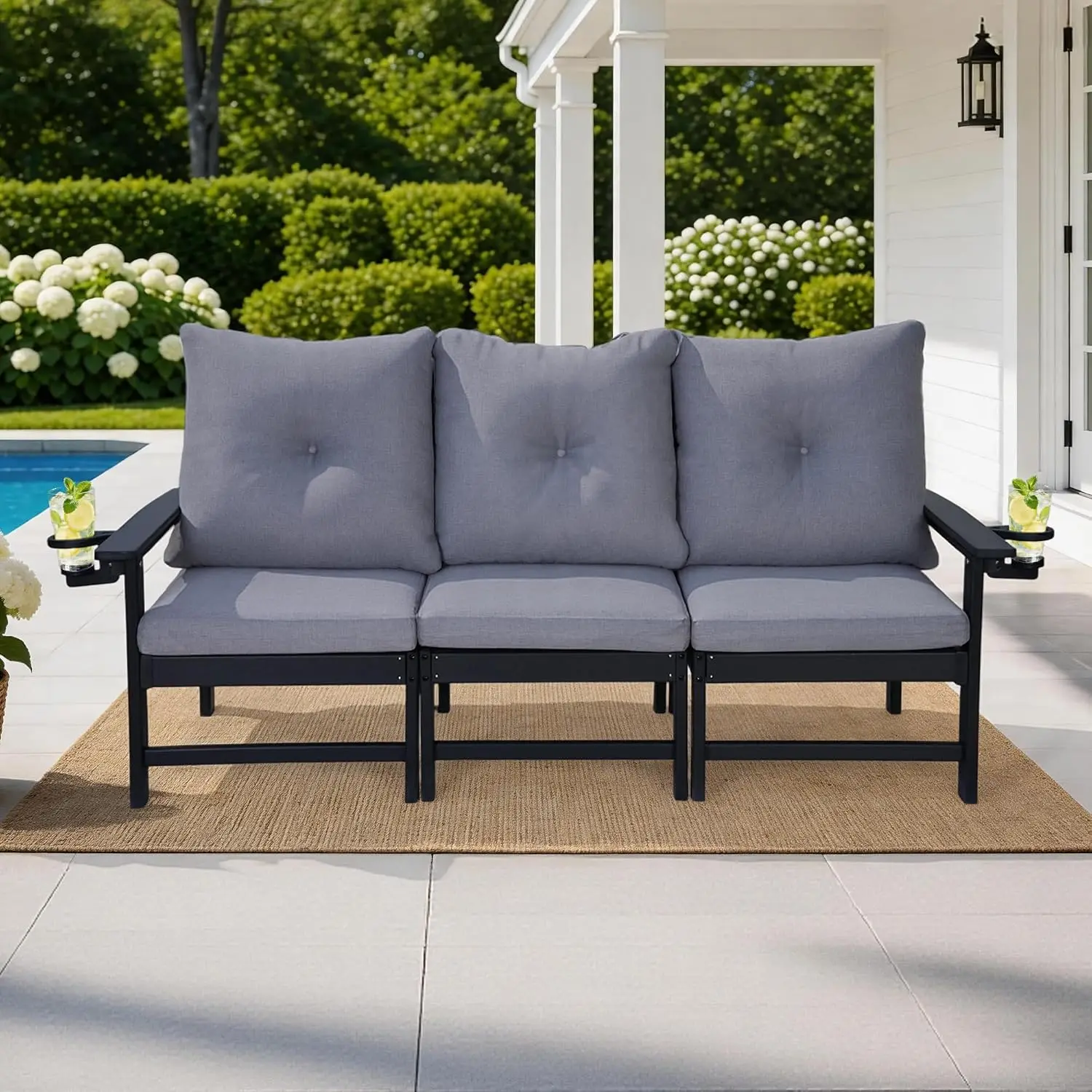 3-Seat HDPE Outdoor Patio Sofa, All Weather Resistant Couch with 3.5'' Thick 25D Removable Cushions & Dual Cup, Customized