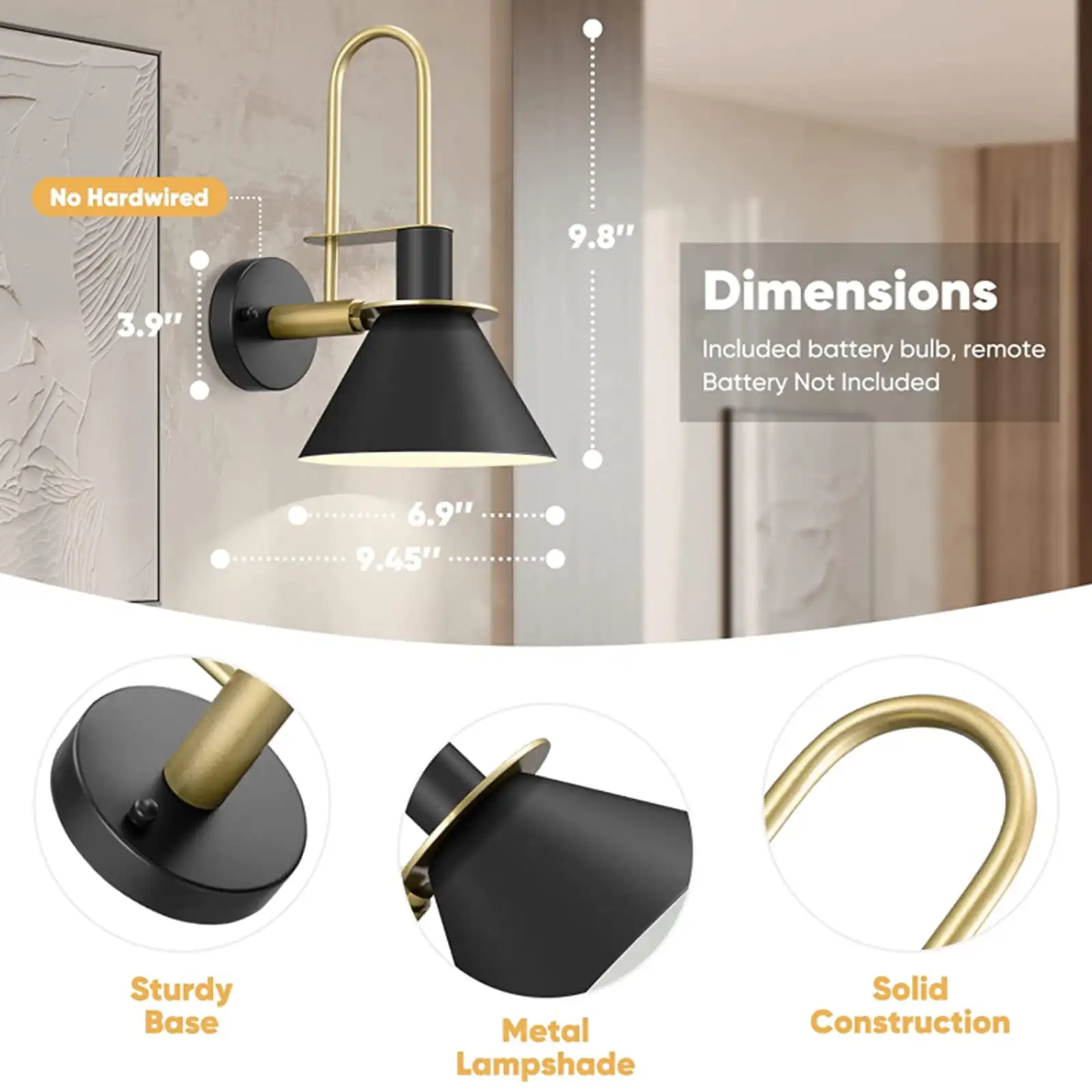 NookNova 2 Pack Battery Operated Wall Sconces Black Metal Industrial Wireless Wall Lights with Remote Control