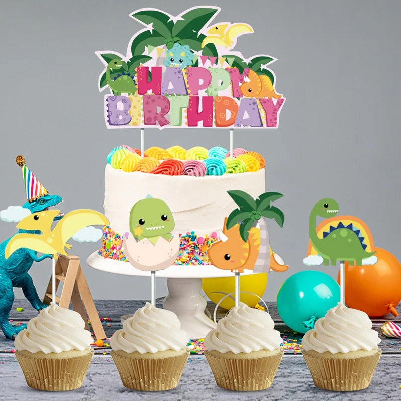 Cute Cartoon Dinosaur Cake Topper Jungle Safari Dino Birthday Cake Surround Kids Boys Happy Dinosaur Birthday Party Cake Decor