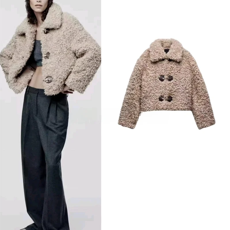 

Winter New Women's Long Sve Turn-down Collar Jaet Coat with Rope Knot Decoration Artificial Fur Effect ort Outerwear
