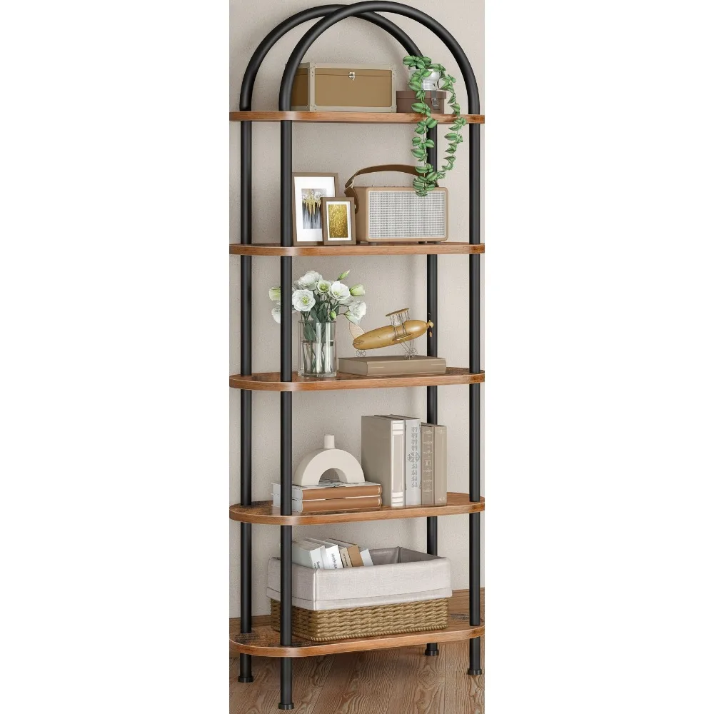 5-Tier Industrial Bookshelf, Arched Metal Frame Storage Organizer for Home Office, Easy Assembly Rustic Brown