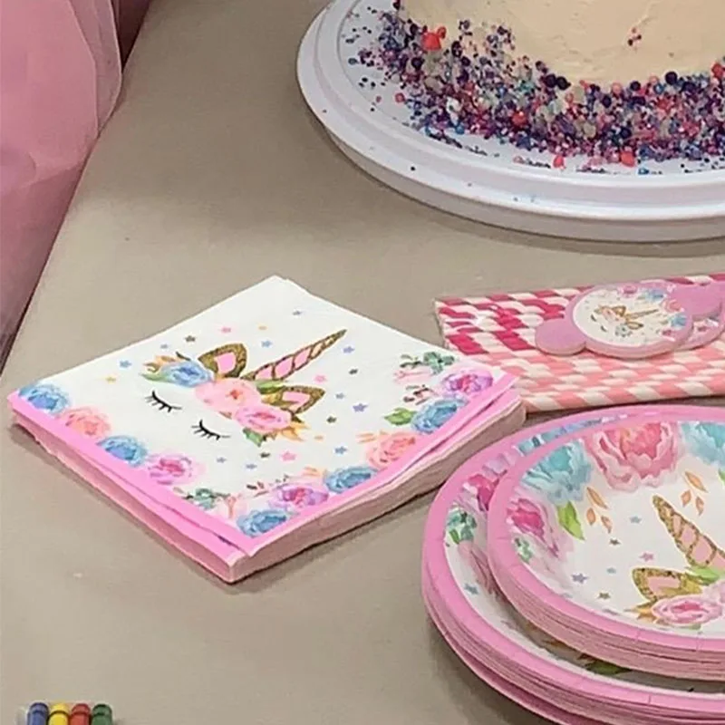 20pcs Unicorn Printed Paper Napkins Cartoon Unicorn Flowers Napkins Tissue for Girls Birthday Party Supplies Unicorn Party Decor