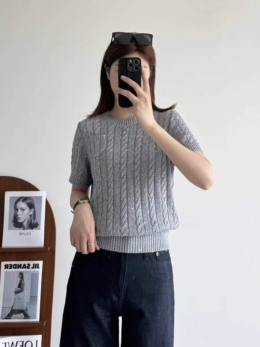 

Knitted Top for Women 2024 New Spring Summer Linen Fried Dough Twist Design O-neck Casual Short Sleeve T-shirt