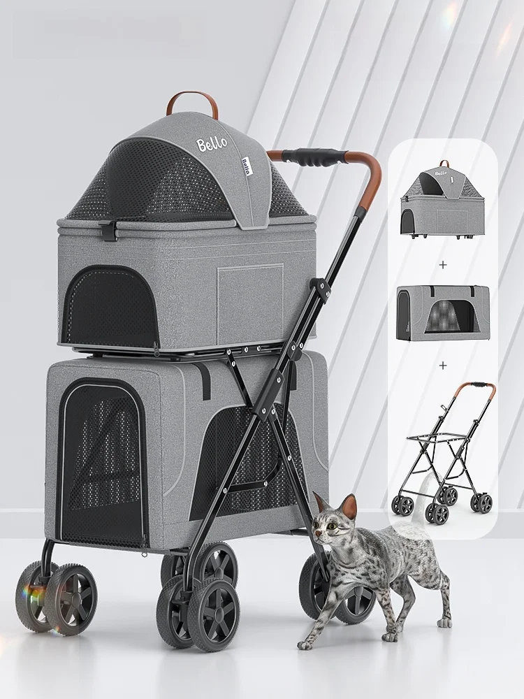 Bello Lightweight Folding Double-Layer Pet Trolley Dog Puppy Pet Detachable Separated Cat Cage Outdoor Travel