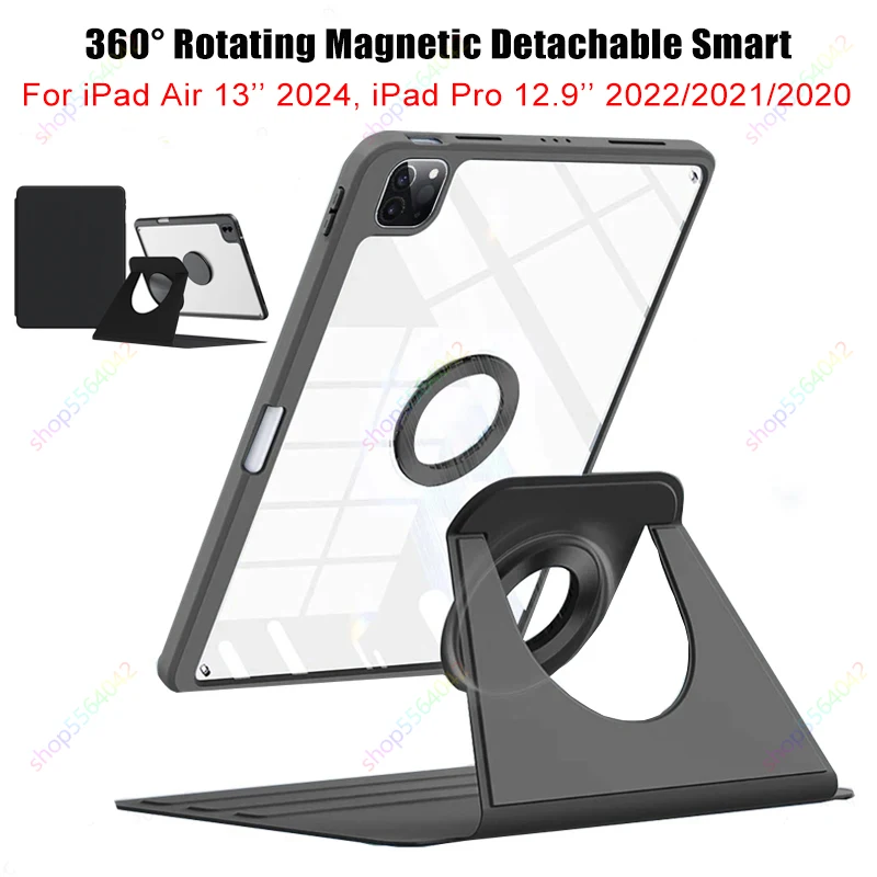 360 Rotation Magnetic Detachable Case for iPad Air 13Inch M2 2024 iPad Pro 12.9 Case 2022 2021 Trifold Stand Pencil Holder Cover