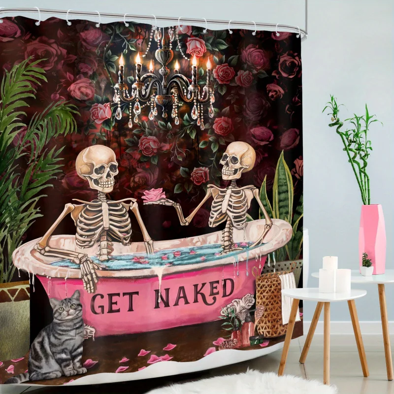 Skull & floral print shower curtain-waterproof polyester, easy install with hooks included, machine washable-perfect for bat