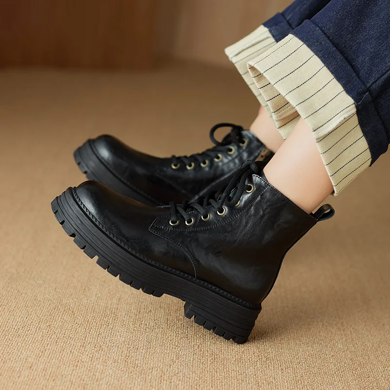 Meotina-Bottes de rinçage en cuir véritable pour femme, chaussures rondes, à plateforme, mi-talons, avec fermeture éclair, courtes, à la mode, automne hiver