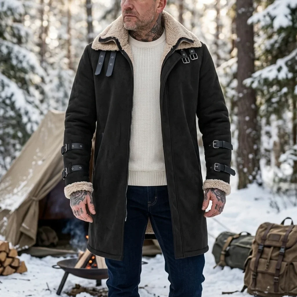 New Winter Men's Faux Suede & Fur Mid-Length Jacket | Windproof Double Collar Fleece Coat | Warm Streetwear Outerwear [Soft]