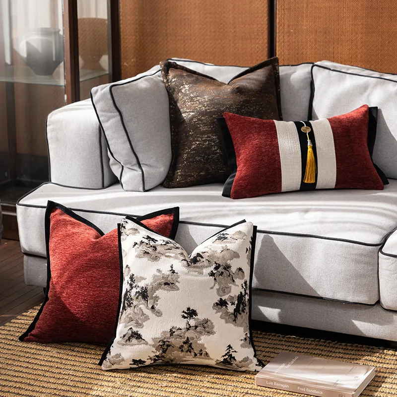 Luxury Oriental Pillow Cover Set | Jacquard Ink Painting & Chenille Cushion Cases | Modern Chinese Style Sofa Bedroom Decor